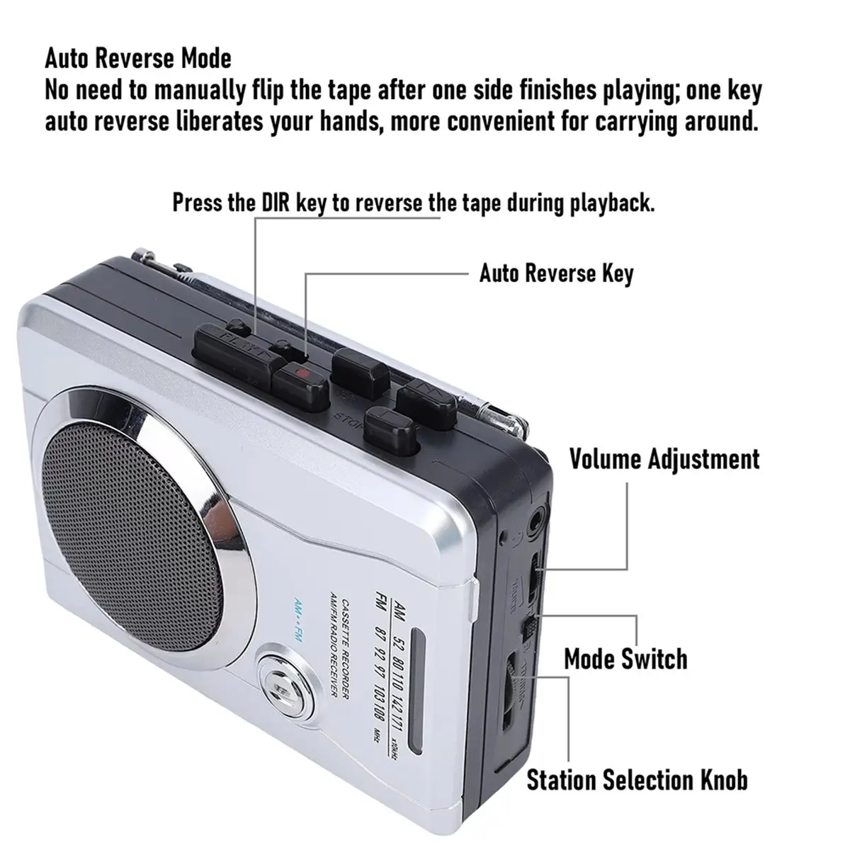 A003 Portable Cassette Player Recorder AM FM Radio with Built in Speaker Microphone Earphone Automatic Return Tape