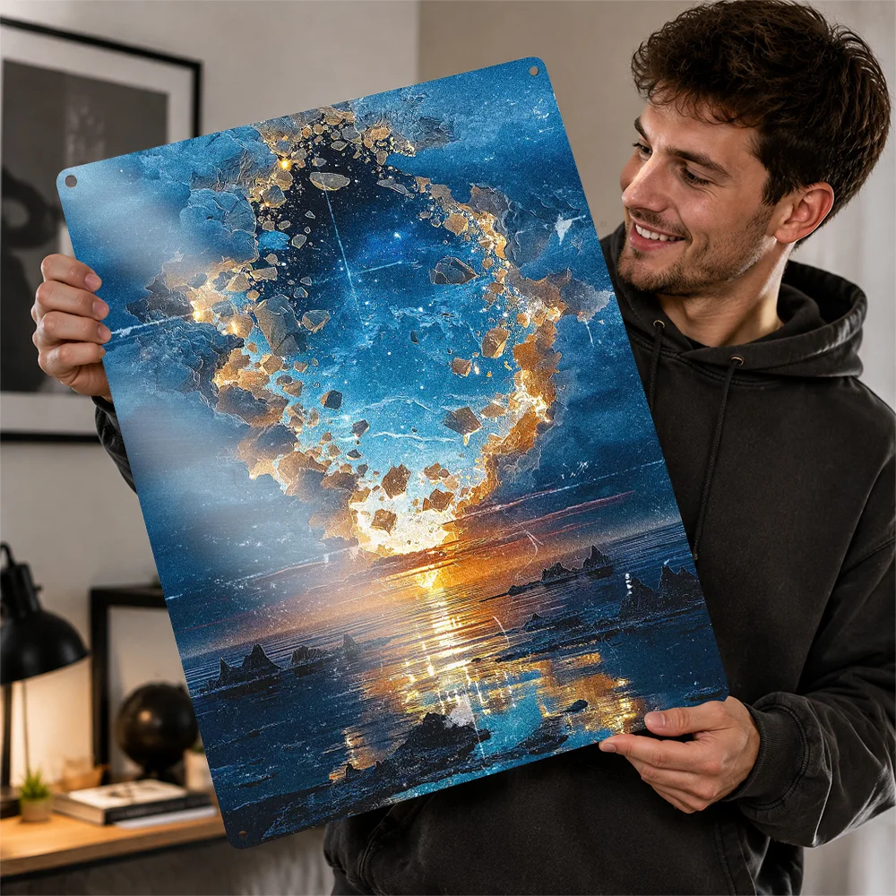 Cosmic Sunset Over Icy Landscape Poster Retro 3D Printed Metal Signs Customized Wall Hanging Gift for Home Decor Items Wand Deko