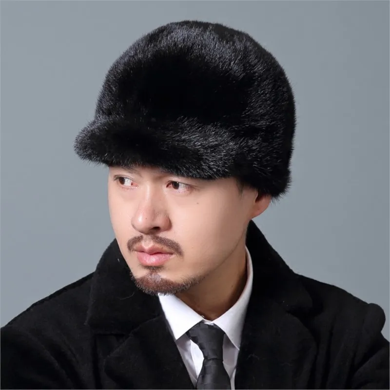 

Men's real fur leather peaked cap full tail patchwork hat