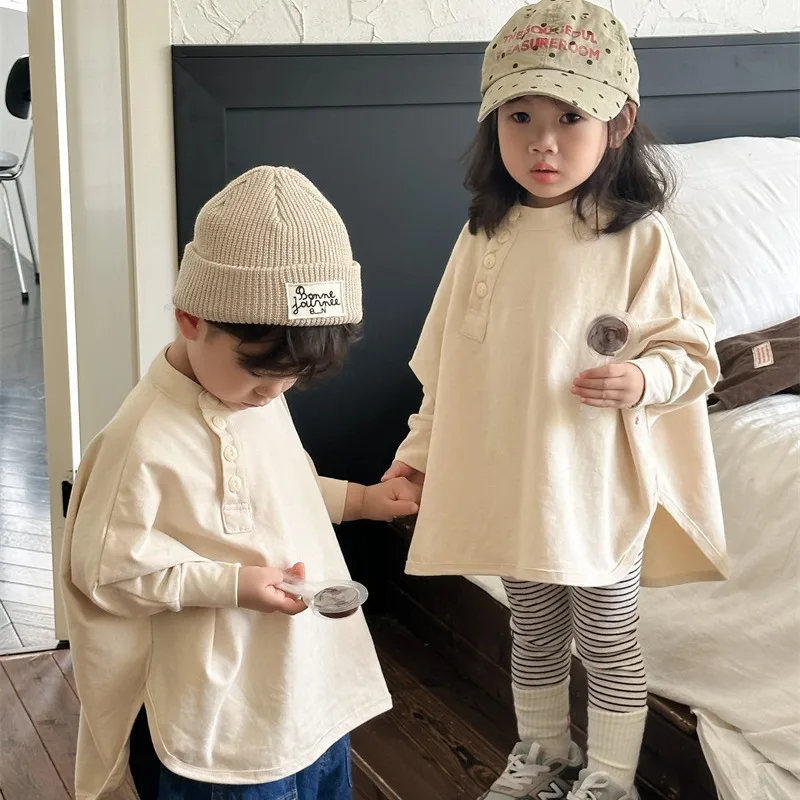 Western-style Solid Color Long Sleeved Top Spring and Autumn New Product Children's Slanted Placket Loose T-shirt