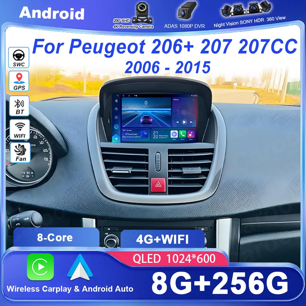 Car Radio Multimedia For Peugeot 206+ 207 207CC 2006 - 2015 Wireless Carplay Auto Google Map Head Unit Rear Camera 4G DSP BT DVD