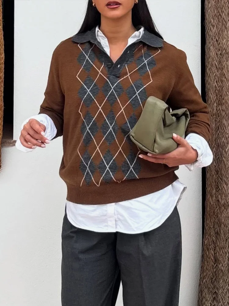 HH 2025 automne femmes mode col rabattu tricoté diamant pull manches longues bouton ample pull confortable hauts Mujer