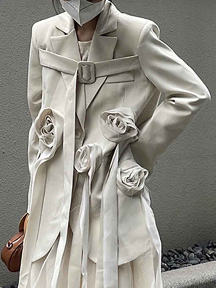 YERMORA Beige Three-dimensional Flowers Ribbon Blazer For Women Lapel Long Sleeve Loose New Jacket Fashion Spring Autumn 2025