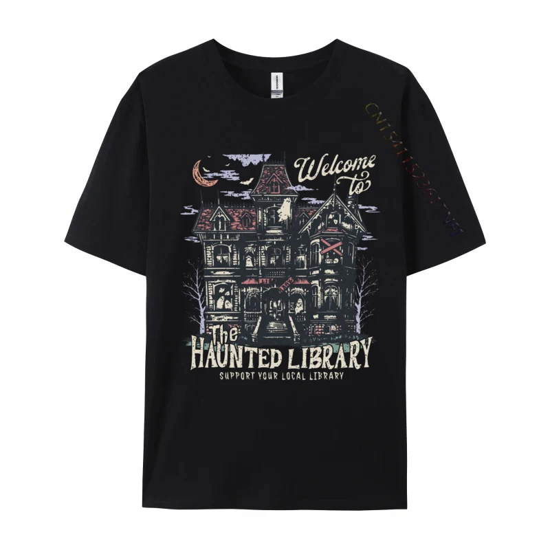 

Retro Funny Welcome To The Haunted Library Bookish Halloween T Shirts Tops T Shirt Wholesale Cotton Normal T-Shirt Family Men