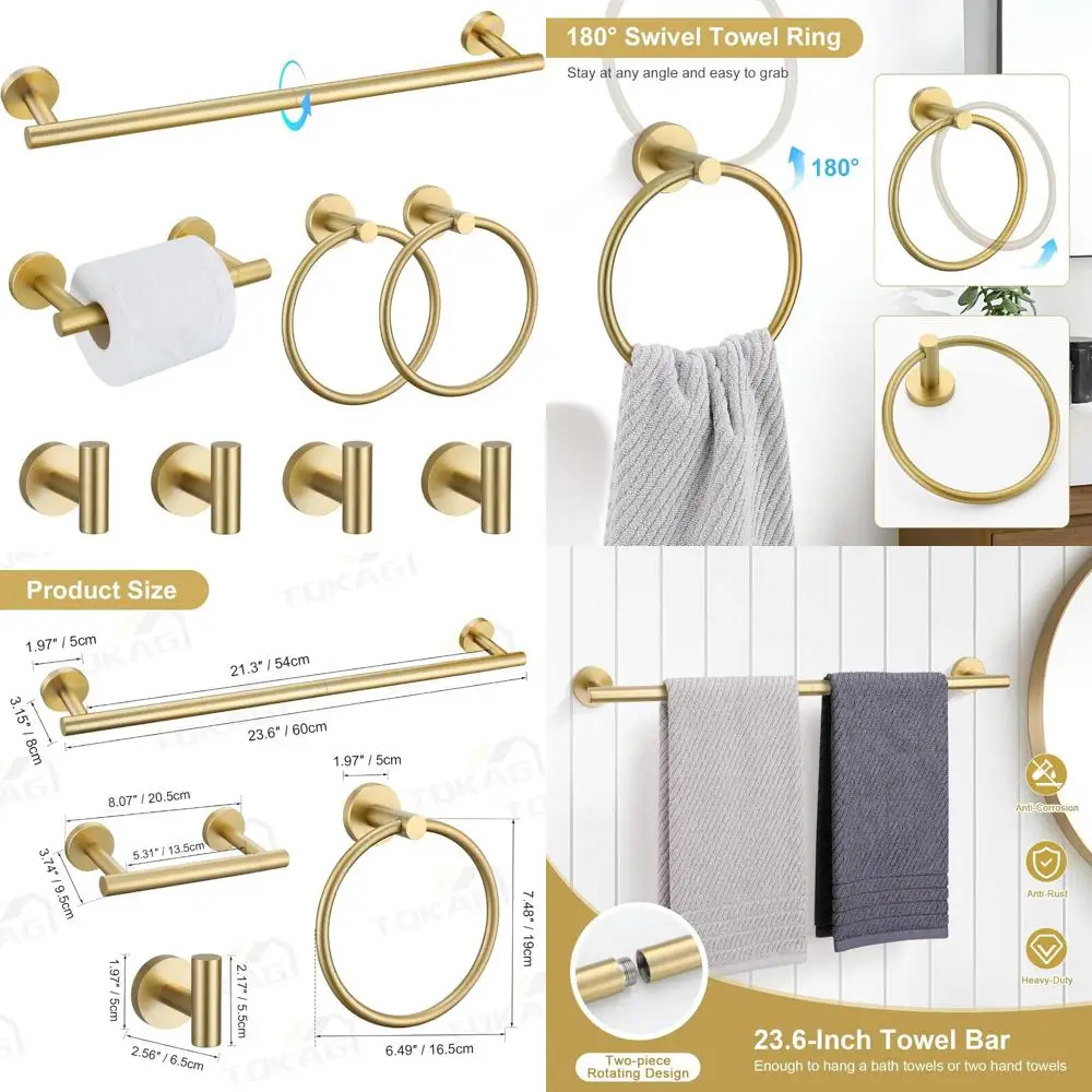 

8-Piece Brushed Gold Stainless Steel Bathroom Hardware Set with 23.6 Towel Bar & Accessories