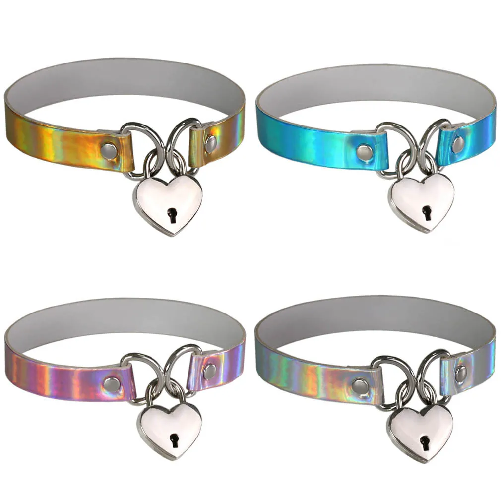 Punk Gothic Sexy Rock and roll Laser Exaggeration Heart-shaped lock Multicolored Leather Stainless steel Necklace Clavicle chain