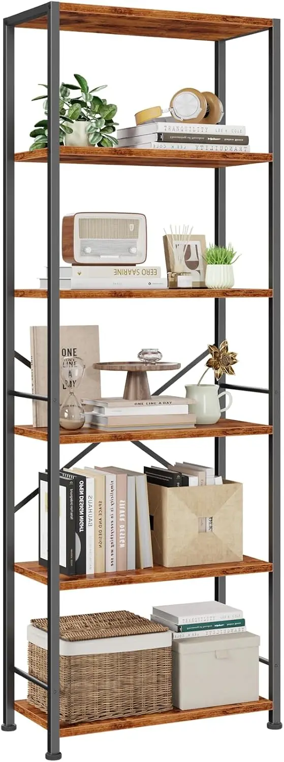 6 Tier Bookshelf, Wide Metal Bookcase, Rustic Brown | 20'' Wide Industrial Storage Shelves with X Crossbar, Shelving Units