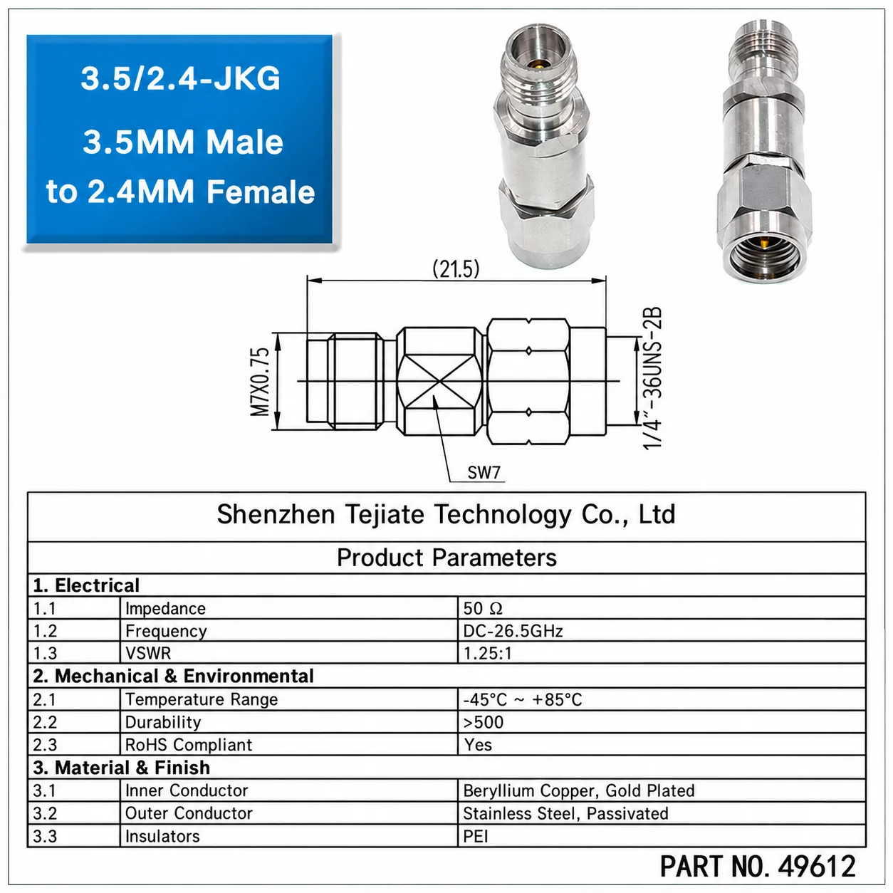 1pcs Millimeter wave adapter 3.5/2.4 - JKG low VSWR test head 3.5MM male to 2.4MM female DC-26.5G