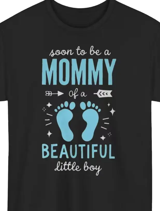 Women Maternity Graphic T Shirt Soon To Be A Mommy Of A Beautiful Little Boy Letter And Blue Baby Footprint Print Round Neck Short Sleeve Pregnancy Announcement Casual Tee
