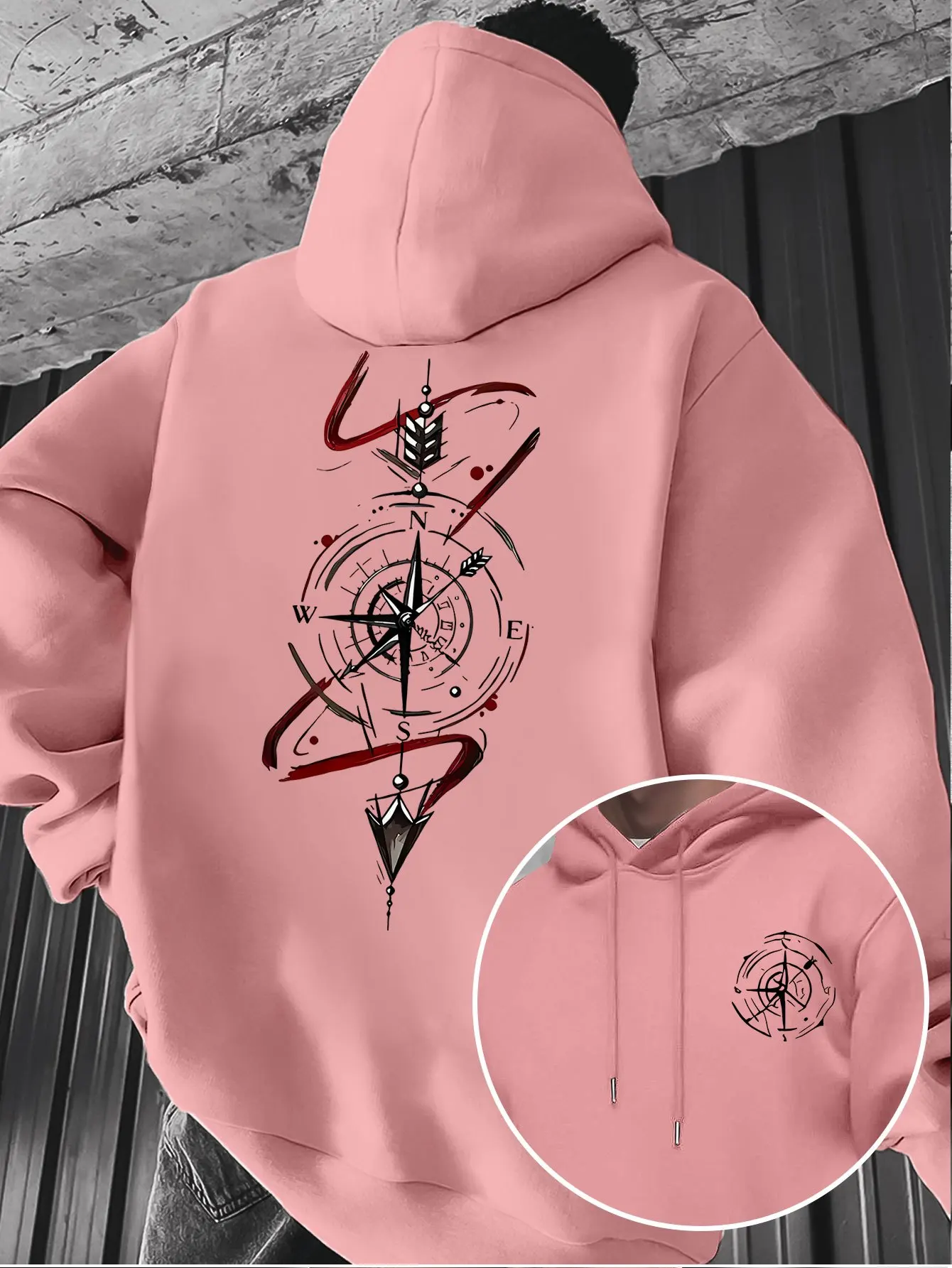 Retro Compass Arrow Fashion Print Men Hooded Sweatshirt Autumn and Winter Daily Outdoor Sports Loose Fitness Casual Street Style