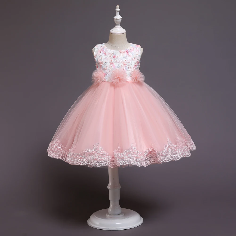 3 Colors 100cm-150cm Children Dress Princess Embroidery Baby Girl Lace Skirt Wedding Party Sleeveless Ball Gown Performance