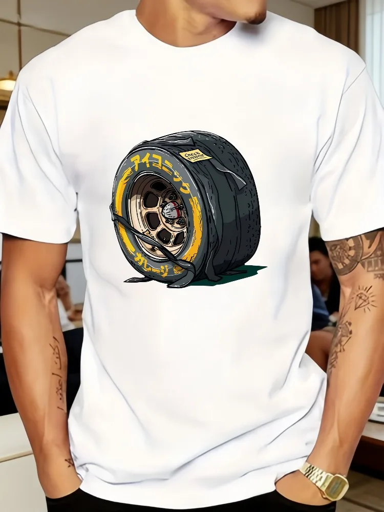 Retro Jdm Car Wheel Art Mens Tee Japanese Kanji Drift Tire Print Cotton Short Sleeve Casual Street Top For Male Car Tuning Fans