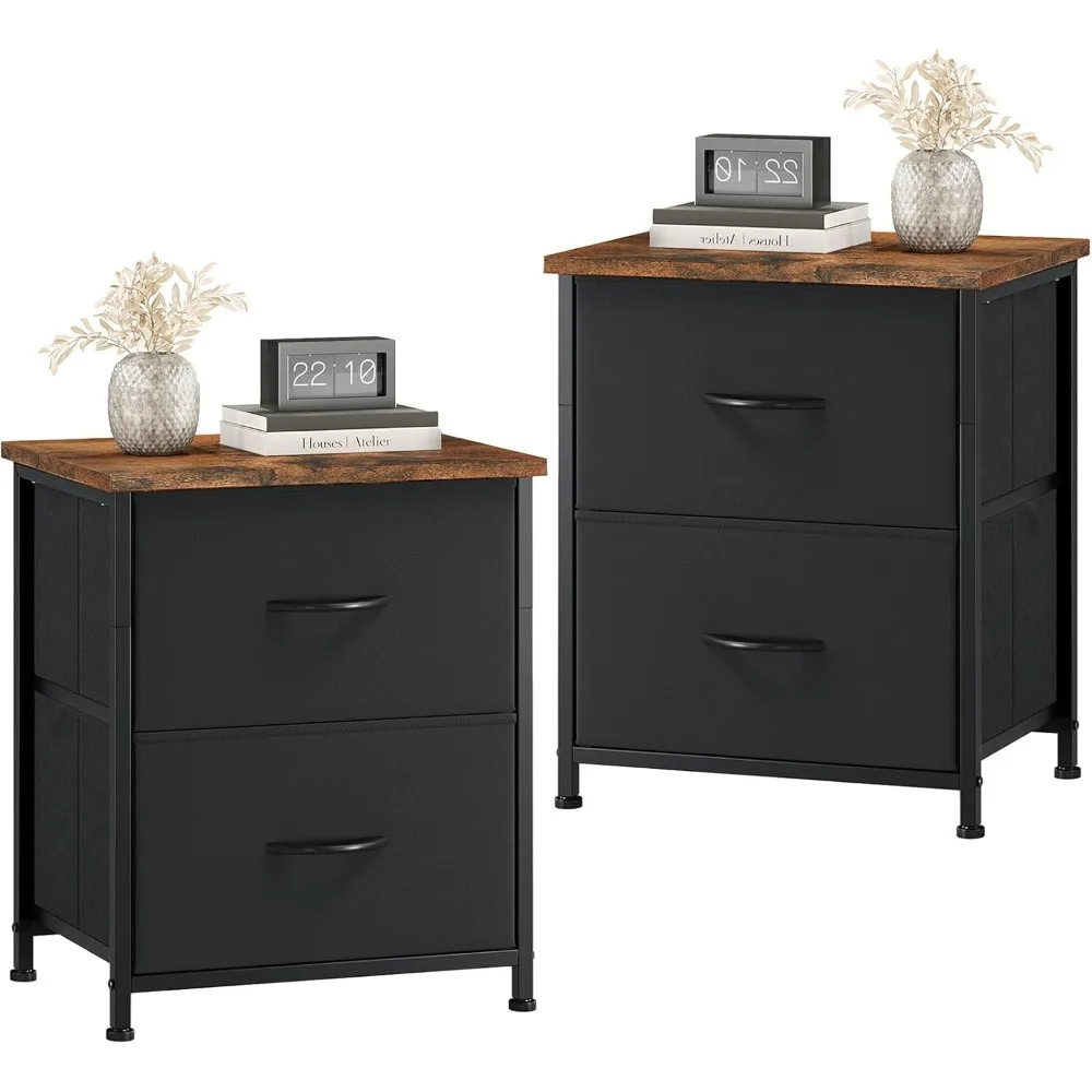 

Pair of Small Bedroom Nightstands with 2 Drawers and Fabric Storage Bins