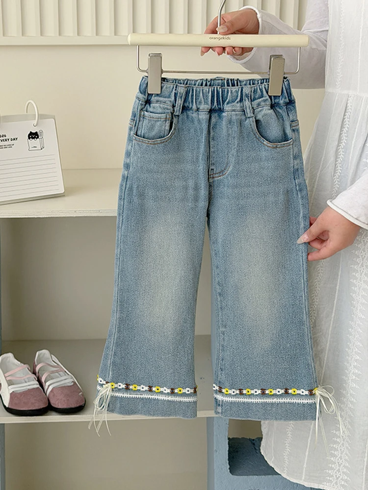 Kids Girls' Jeans Spring Autumn NewChildren's High Waist Slimming Denim Pants Fashion Floral Versatile Denim Trousers 4