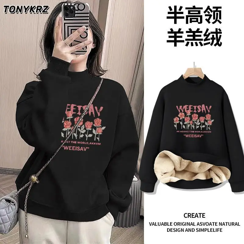 Half High Collar Plus Fleece Hoodie for Women Popular New Item Thick Lamb Fleece Warm Top