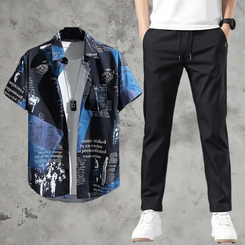

Mens Short Sleeve Print Shirt and Trousers Set Stylish Summer Outfit Comfortable Breathable Top and Pant
