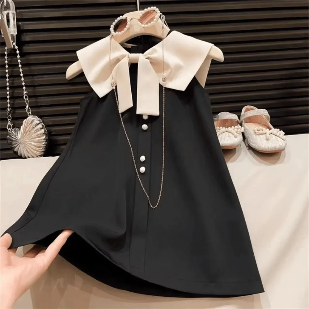 2-7 Years Old Kids Dress for Girls Black Sleeveless Casual Dresses Bow Decoration Lapel Summer Fashionable Children's Clothing