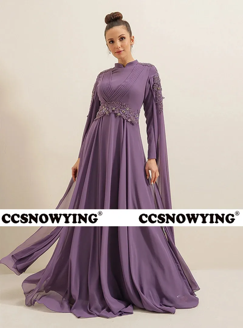 

Chiffon Appliques Muslim Evening Dresses with Cape Long Sleeve Islamic Hijab Formal Party Gown Women Prom Dress Robe De Soiree