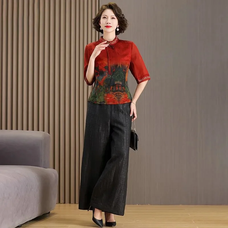 

Summer Ladies Leisure Embroidery Two-piece Suit Female Fashion Fragrant Cloud Yarn Outfit Korean Women Large Size 4XL Silk 2PCS