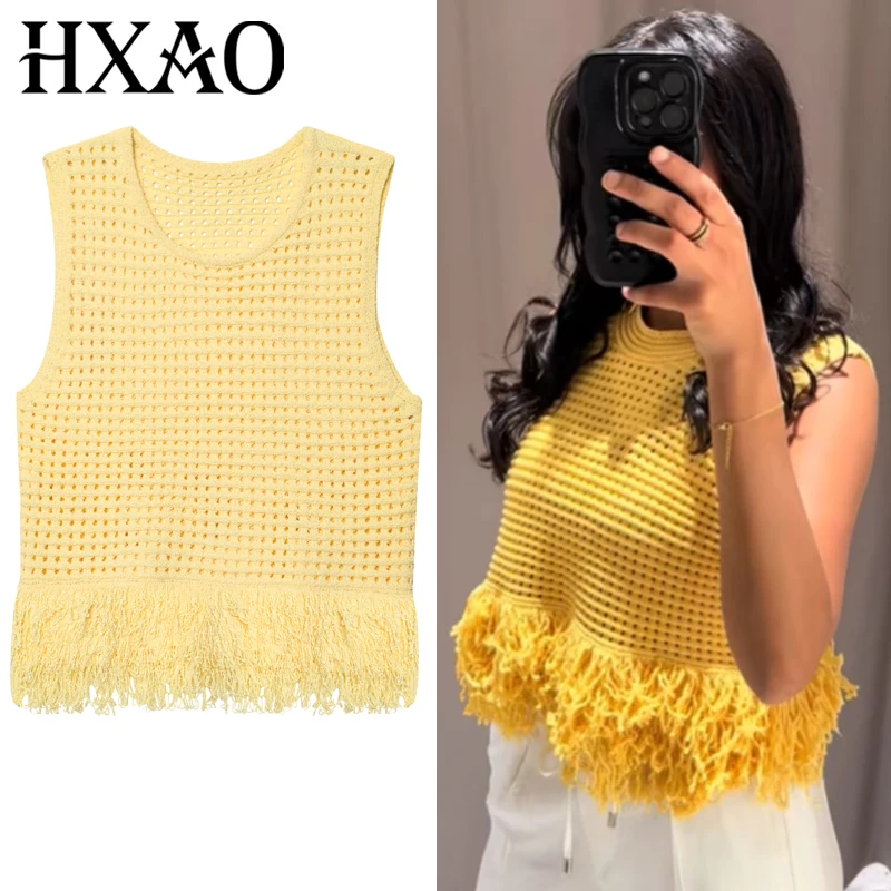 

HXAO Women's Vest Fringing Yellow Top Knitwears Summer 2025 Women's Sleeveless Vest Chic Tassel Pullover Tricot Cropped Sweaters