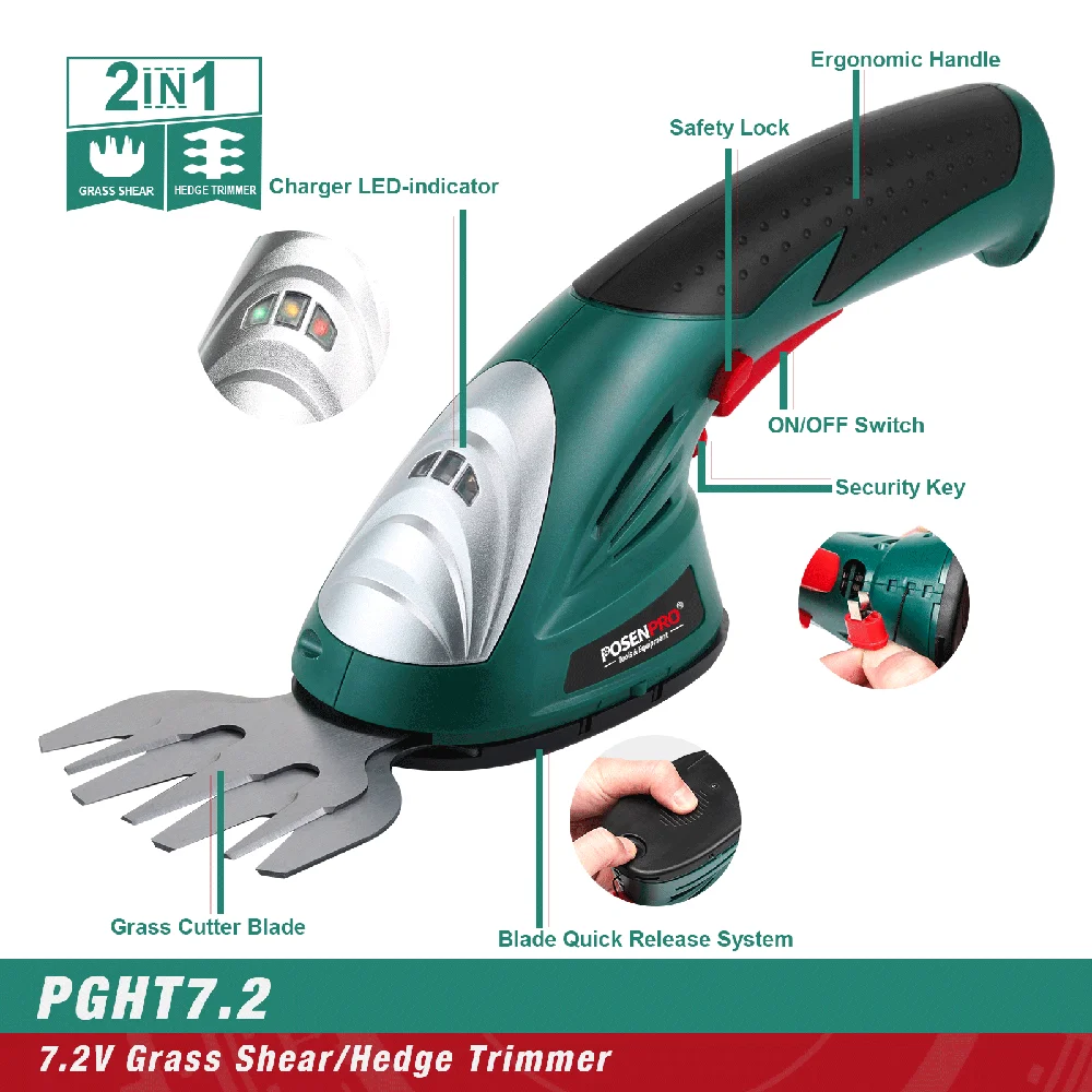 7.2V nożyce do przycinania 2w1 akumulatorowe nożyce do żywopłotu akumulatorowe nożyce do żywopłotu PGHT7.2 bezprzewodowe narzędzie ogrodowe POSENPRO