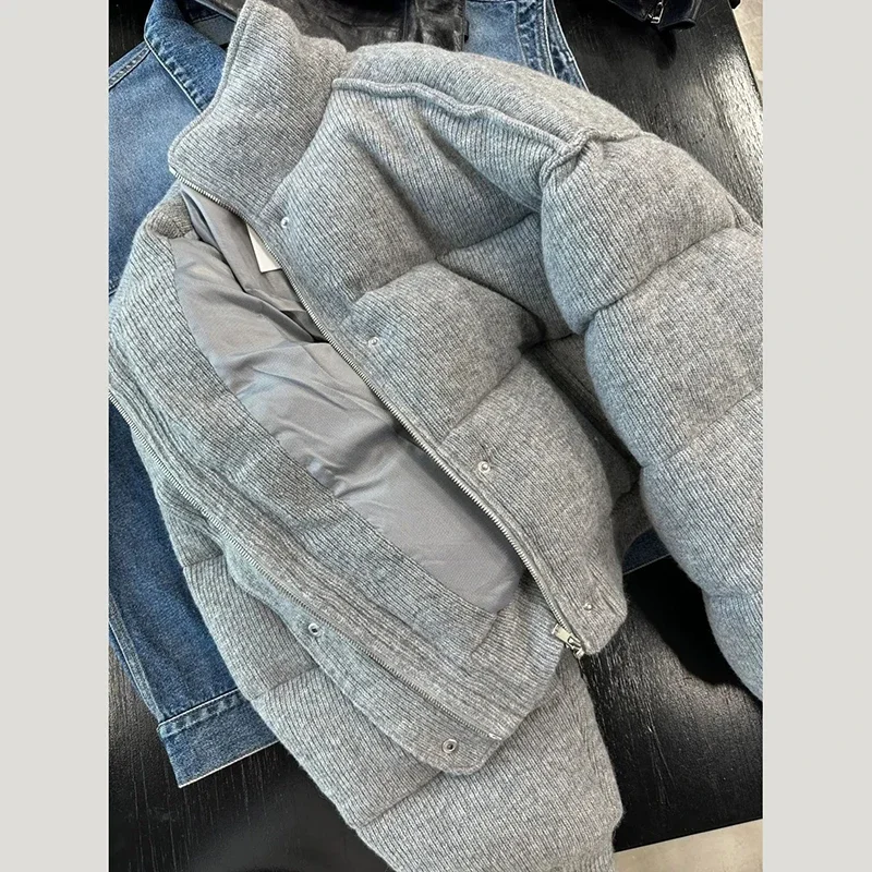 Y2K Grey Women Short Parkas Winter Long Neck Loose Thick Warm Stand Collar Outwear Fashion Streetwear Fluffy All Match Jacket