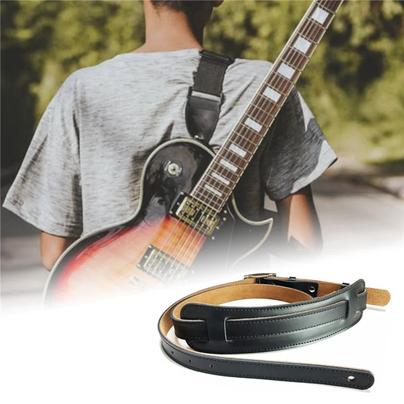 ABHT-4X Durable Leather And Metal Buckle Electric Guitar Strap Belt Shoulder Pad Adjustable Vintage Guitar Straps-Black Color