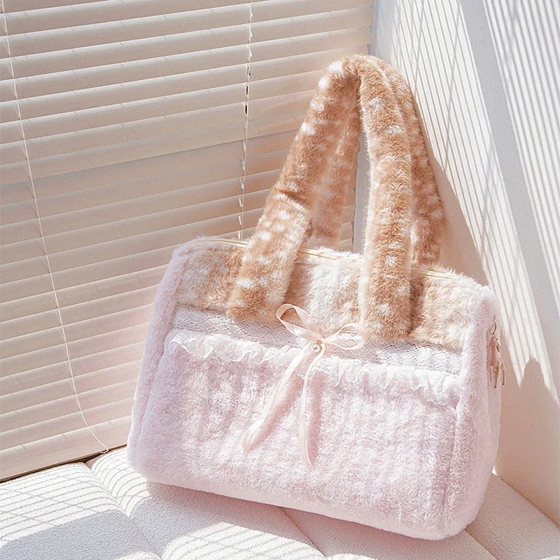 2025New autumn and winter plush bowknot sweet diamond-studded pink single shoulder messenger bag