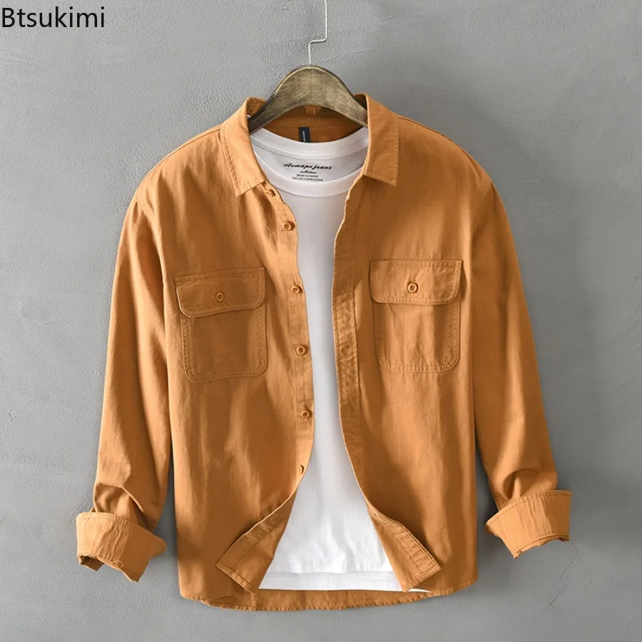 2025 New Style Men's Vintage Shirts Long Sleeve Two Pocket Design 100% Cotton Casual Shirt Coats Spring Simple Lapel Shirts Male