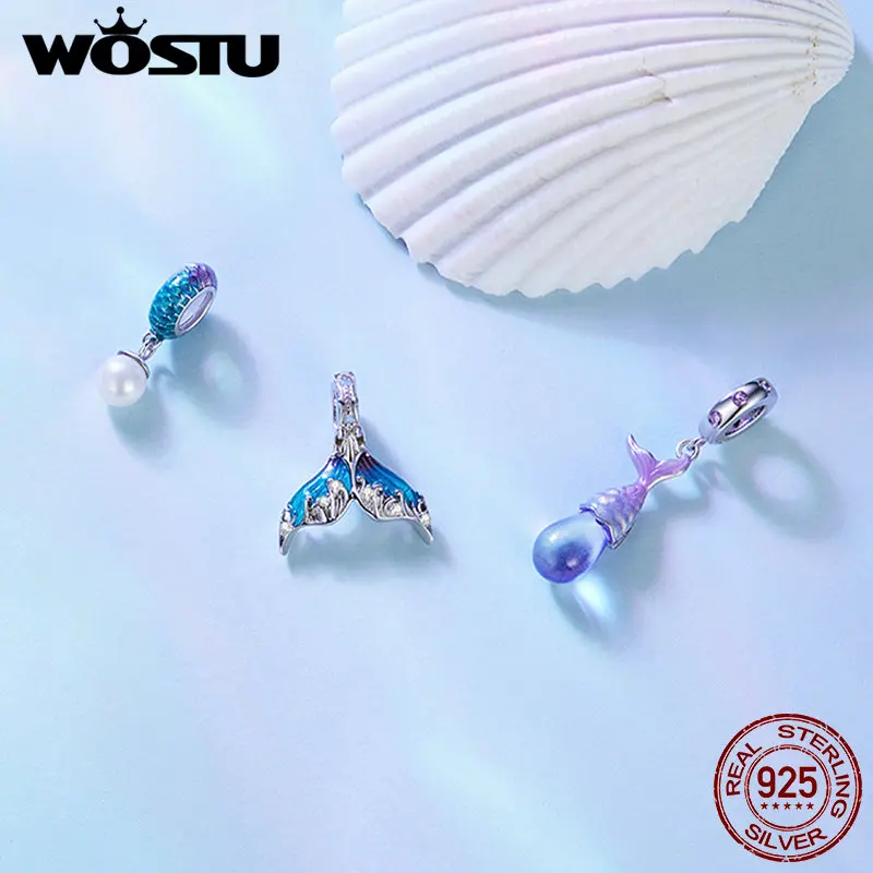 WOSTU 925 Sterling Silver oceaniczny światowy żółw koraliki z muszli łańcuch bezpieczeństwa serca tęczowe kryształowe amulety dopasowane do DIY