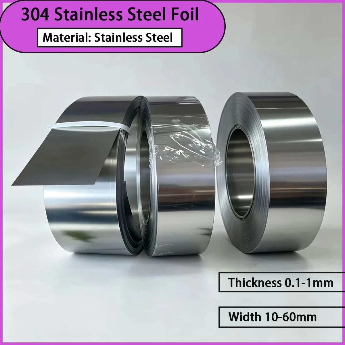 304 stainless steel foil with a width of 10-60mm is used for electronic shielding, insulation coating, precision hardware, etc