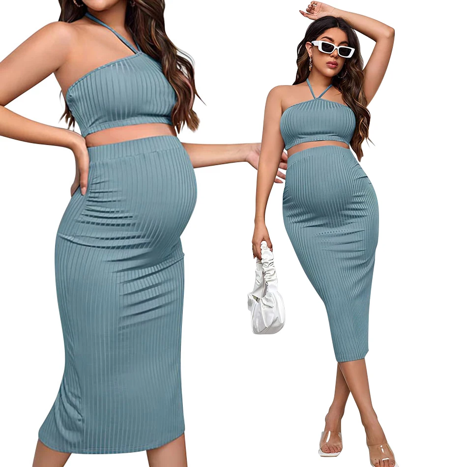 

European And American Maternity Wear Women's Summer Ribbed Knitted Suspender Top And Pencil Skirt Set Maternity Clothing Sets