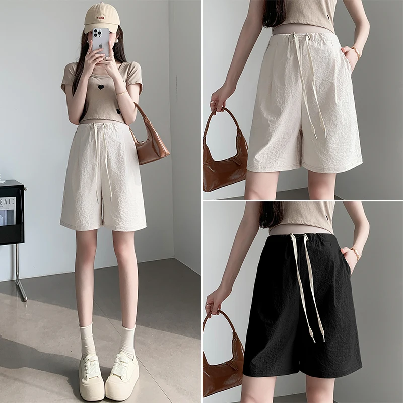 

Summer Pregnancy Thin Shorts Drawstring Waist Loose Casual Maternity Short Pants Wide Legs Pregnancy Brief Trousers with Pockets