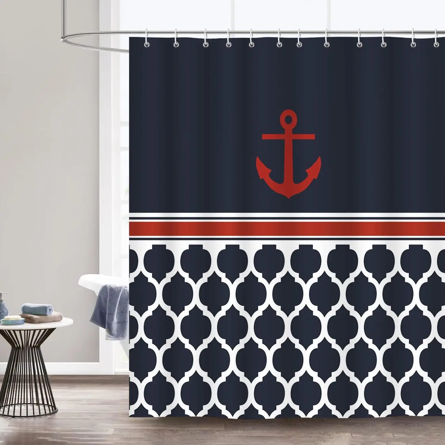 

Nautical Anchor Shower Curtain, Navy Blue Strip Geometric Bathroom Curtain Polyester Fabric Waterproof Bath Curtain