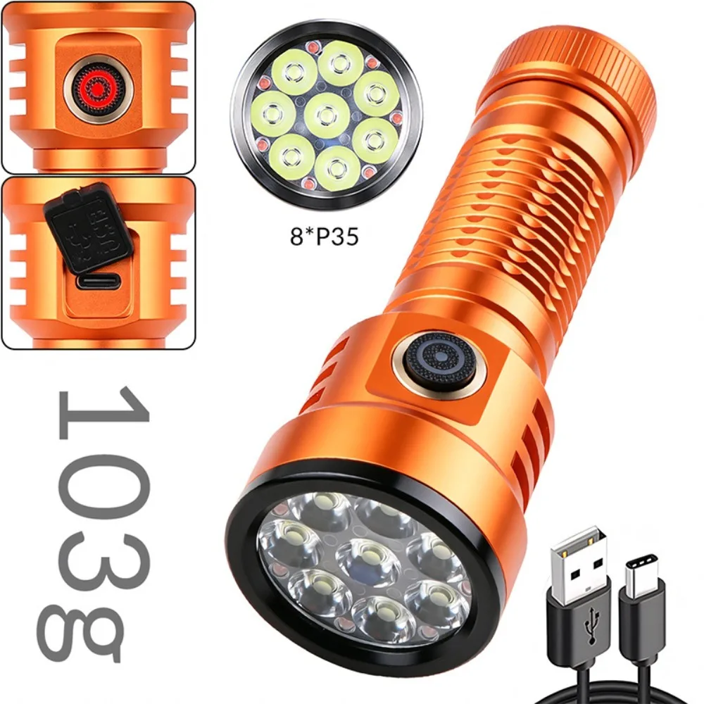 High Lumen Bright Flashlight New 8 LED Long Distance Compact Lightweight Type-C Rechargeable Portable Outdoor Torch