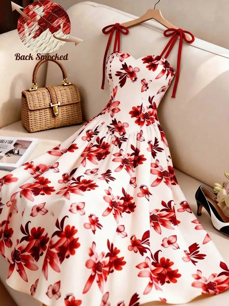

Womens White Red Floral Spaghetti Strap A-Line Dress Sleeveless Elegant For Holiday Beach Date Spring Summer