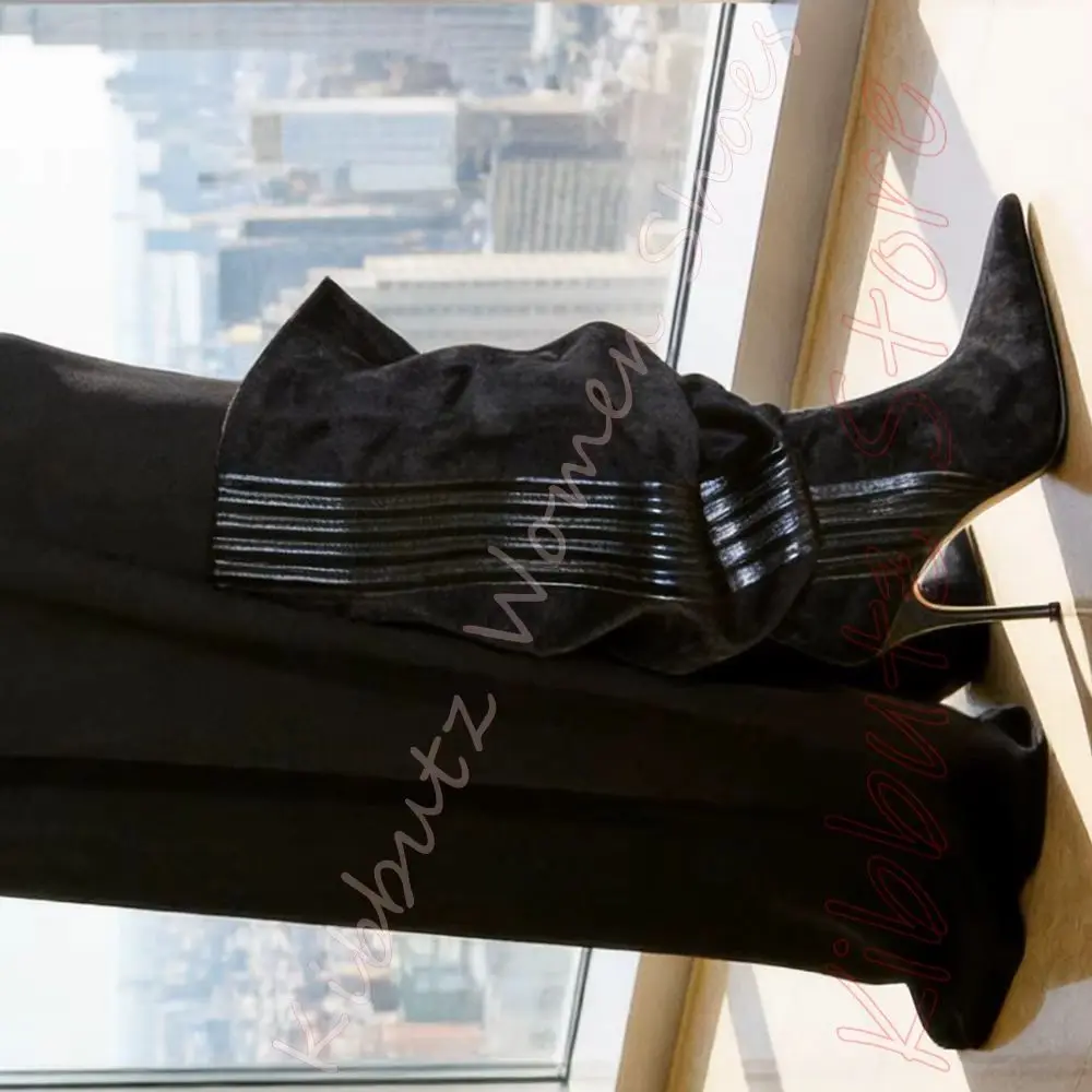 Slouch Knee High Boots Fold Over Shaft Leather Pointed Toe Stiletto Heel Women Streetwear Party Dress Fashion Women Footwear New