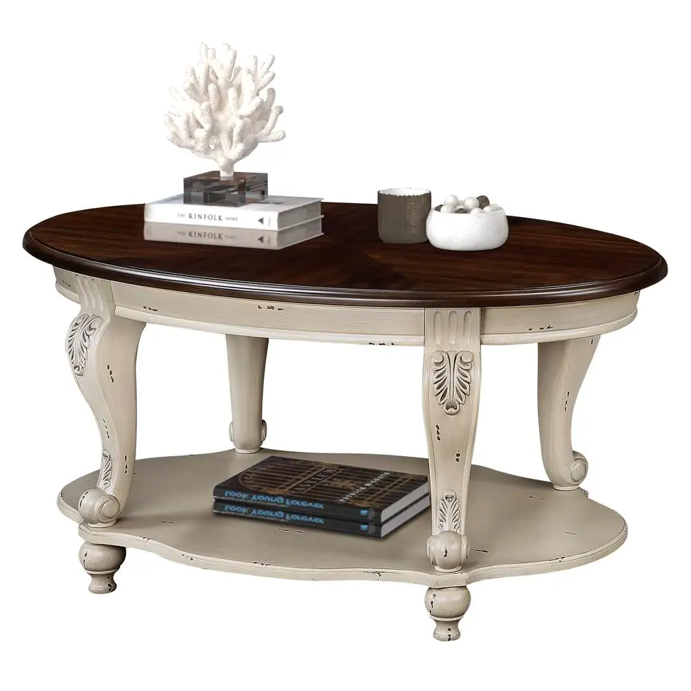 โต๊ะกาแฟไม้รูปไข่ขนาด 42 นิ้ว พร้อมชั้นวางของ 2 ชั้น โต๊ะค็อกเทลไม้เนื้อแข็ง สีเบจเอสเปรสโซ ผิวแบบดิสเทรส ประกอบง่าย