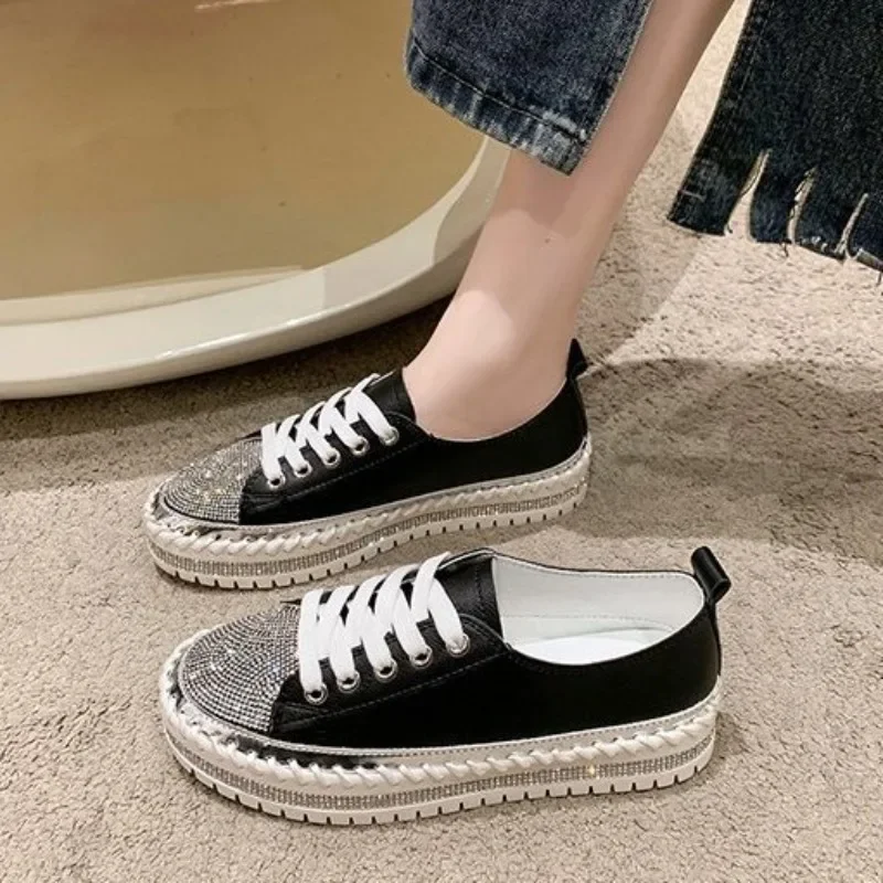 Low Loafers Whit With Crystals Rhinestone Ladies Shoes Lace Up Diamond Women Footwear High On Platform Urban High Quality Price