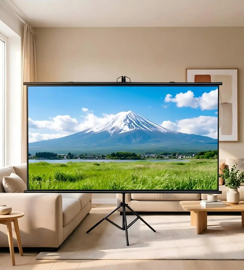 202660 Inch 16:9 Minimalist Tripod Projection Screen Adjustable Height standing Drill- Home Entertainment Projector Screenspromo