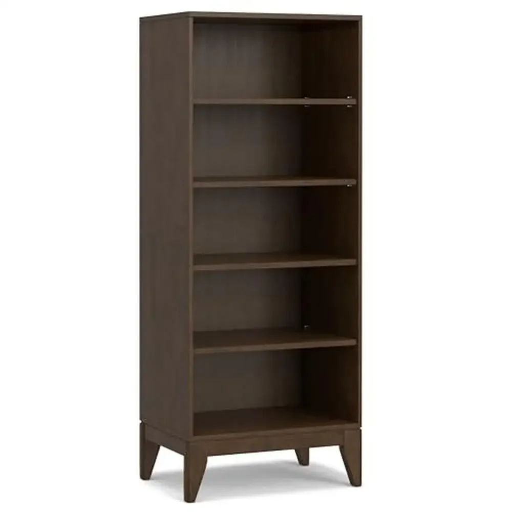 Mid Century Modern Hardwood Bookcase 5 Shelf Walnut Brown 24