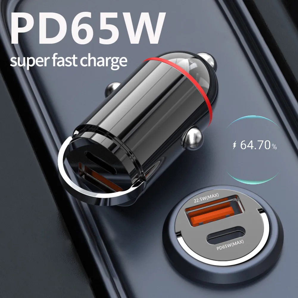 1pc Car Charger Mini Dual USB QC3.0 PD Car Phone Charger 65W Fast Charge Adapter Accessories TYPE-C: PD65W DC12V-24V