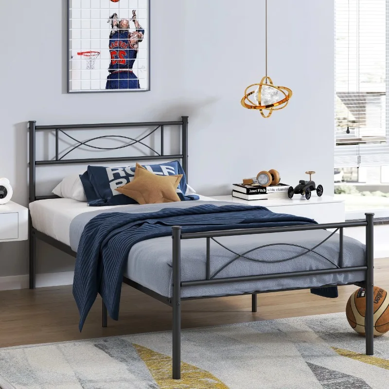 

Kids Twin Size Metal Platform Bed with Bowknot Headboards Easy Assembly (Mattress Not Included), Black bedroom furniture