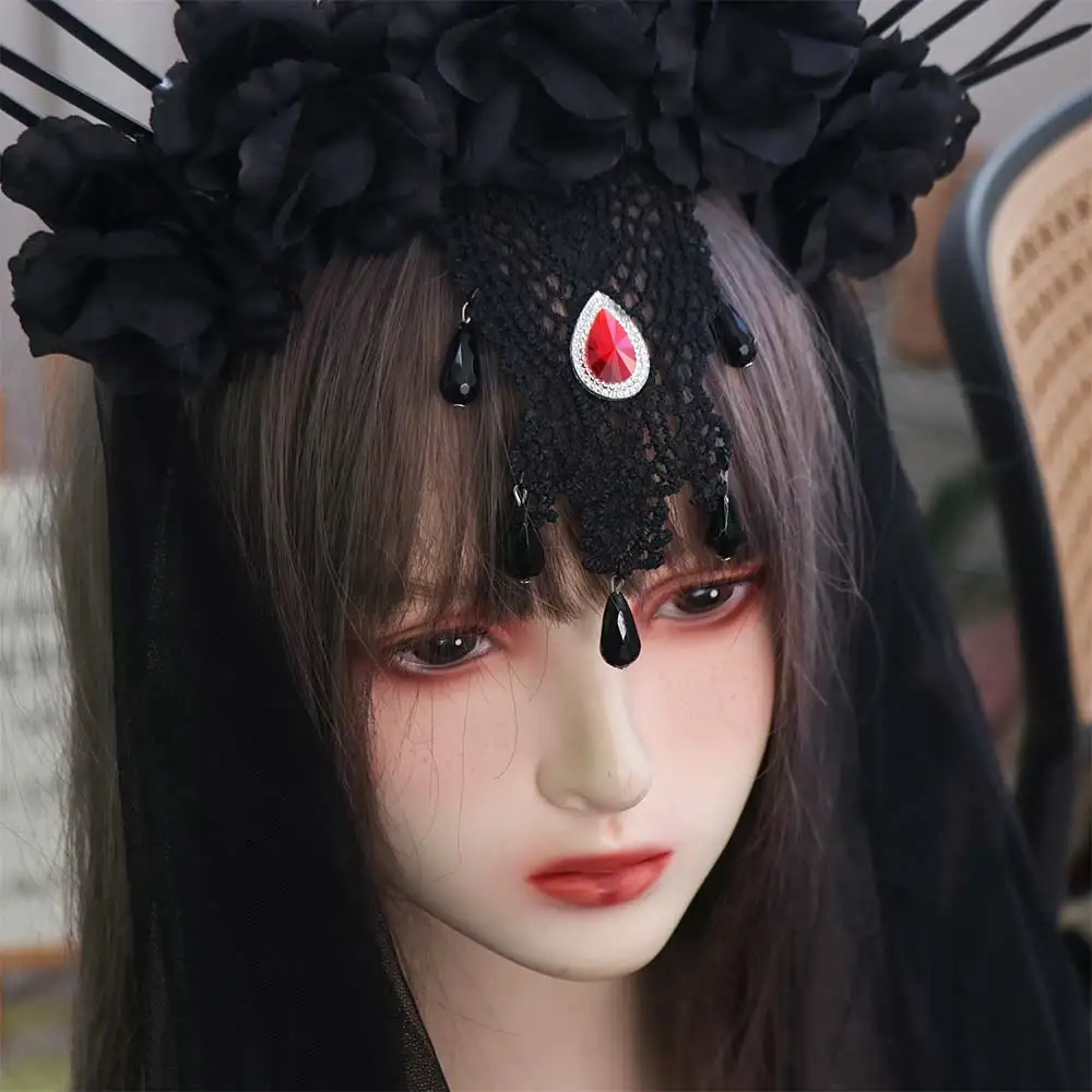 

Headdress Mesh Halloween Headband Gothic Rose Veil Headband Black Rhinestone Bride Hairband Haunted House