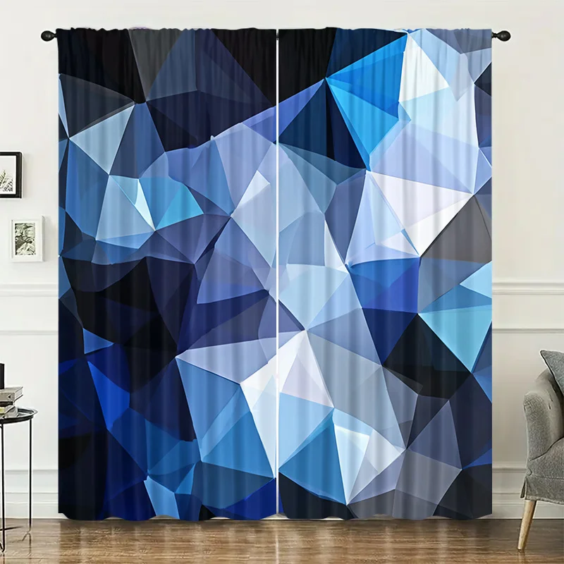 Dark Blue Polygon Geometric Curtains 2 Panels, 3D Gradient Triangle Abstract Modern Minimalist Cool Tone Office Living Curtain
