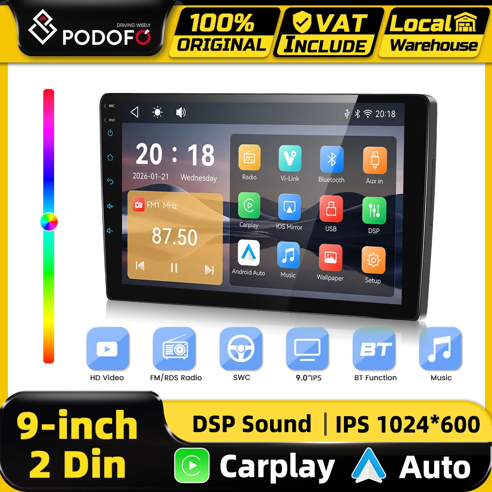 Podofo 2 Din Radio Samochodowe Multimedialne MP5 Bezprzewodowy CarPlay Android Auto 9-calowy Inteligentny System Samochodowy Vi-Link Mirror Link BT EQ FM