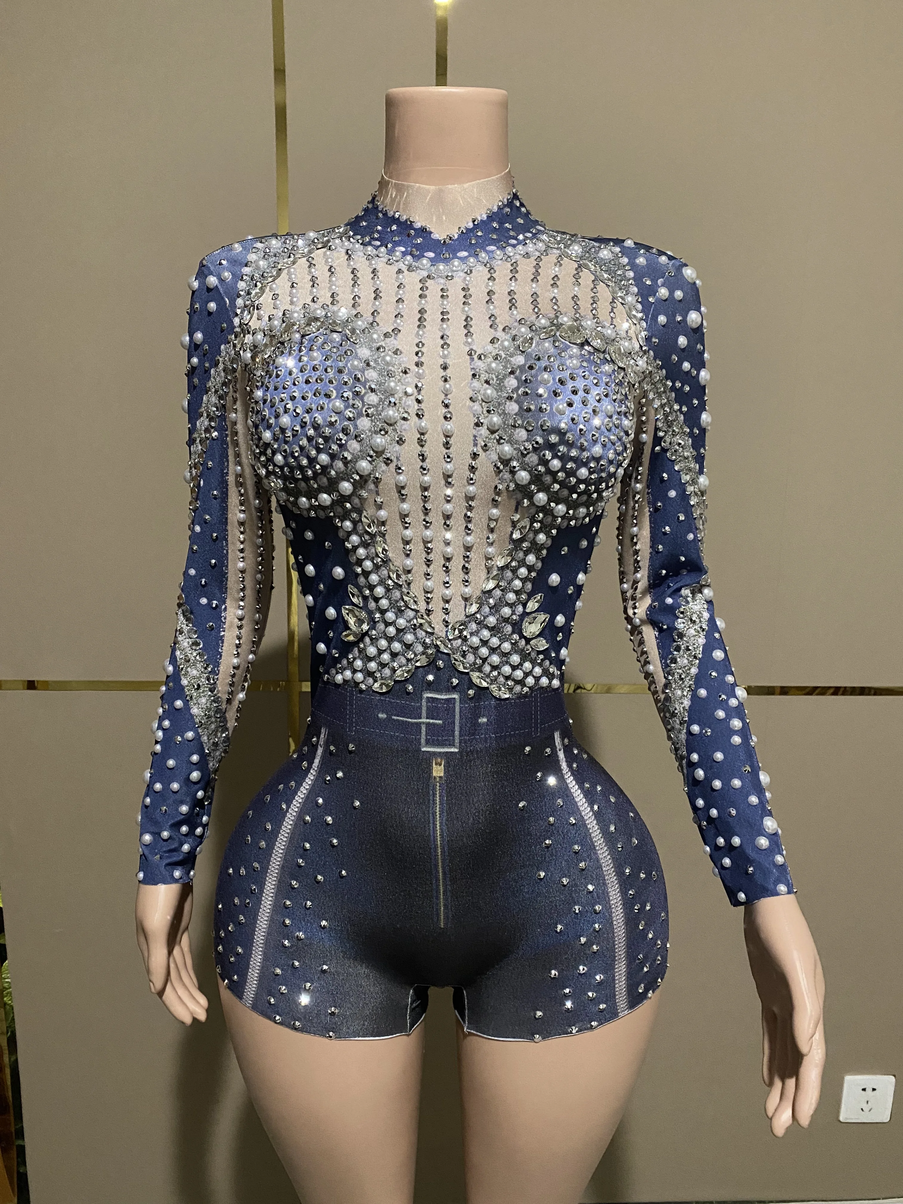 Customized New Sexy Lace TransparentDiamond Pearl Sequins Feather Water DiamondWrap Hip Dress Long Dress Performance Dress D069