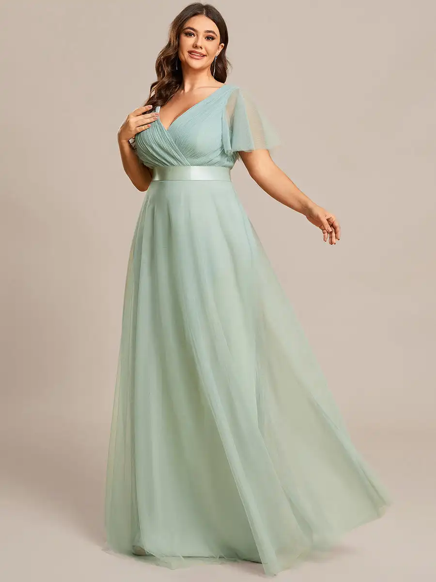 Plus Size Evening Dresses A-line V neck Lotus Leaf Sleeves Empire Chiffon 2024 ever pretty of Mint Gree Elegant Women Prom Dress