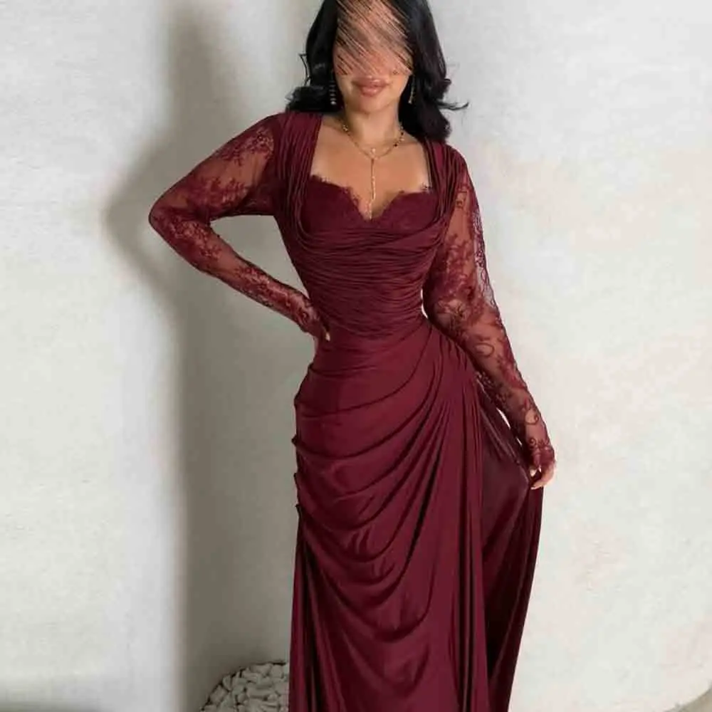 

Customized Burgundy Pleats Evening Dress Lace Appliques Draped Evening Gown Mesh Sleeve Mermaid Formal Party Dresses