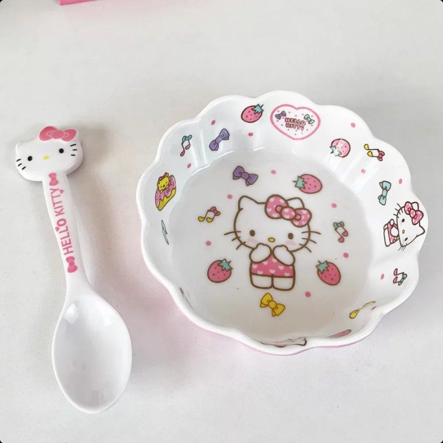 

Hot Sanrio Rice Bowl Hello Kitty Kawaii Anime Fashion Cute Kitchen Student Anti-Fall Fruit Cereal Lace Fruit Salad Bowl New